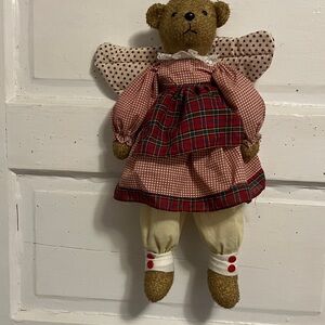 Vintage hand crafted calico teddy bear with angel wings hangs 21” or can sit on